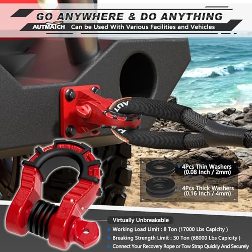 AUTMATCH D Ring Shackles 3/4" Mega Shackle (2 Pack) 68,000Ibs Break Strength - Heavy Duty Clevis Shackles with 7/8" Screw Pin and Isolator Washer for Tow Strap Winch Off Road Vehicle Recovery, Red - color: Red