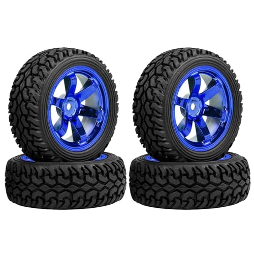 4PCS 75mm Rubber Tires and 6Spokes Plastic Wheel Rims Tyre for 1/10 RC On-Road Drift Racing Car 1:14 1:16 Rally Car for Tamiya Kyosho HPI HSP TT02 Upgrades Parts (Blue) - color: Blue