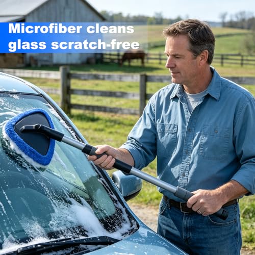 Windshield Cleaning Tool, Auto Window Cleaning Kit with 4 Reusable Microfiber Pads & Extendable Handle, Portable Windshield Cleaner Rotating Head Glass Wiper for Most Cars (Blue) - color: Blue