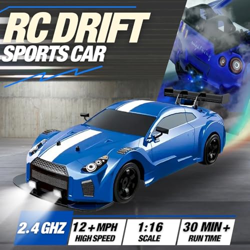 Liberty Imports RC Drift Car 1/16 2.4GHz 4WD Remote Control Sport Racing On-Road Vehicle with LED Light, Batteries and Drift Tires (Blue) - color: Blue