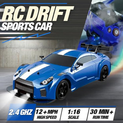 Liberty Imports RC Drift Car 1/16 2.4GHz 4WD Remote Control Sport Racing On-Road Vehicle with LED Light, Batteries and Drift Tires (Blue) - color: Blue