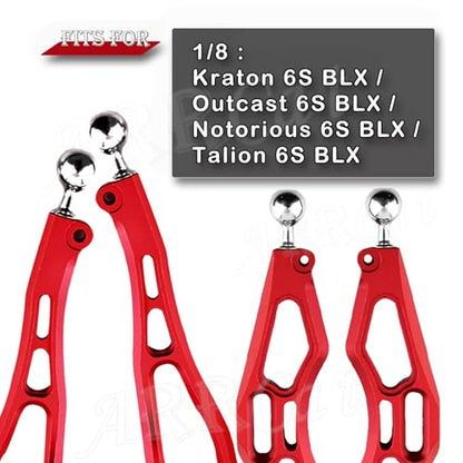 Aluminum Front Suspension Arms Upgrades Part for 1/8 Kraton,Outcast,Notorious,Talion 6S BLX,ARRCat 4pcs Front Lower Upper Swing Arm Set Hops up w/Pivot Balls,Red