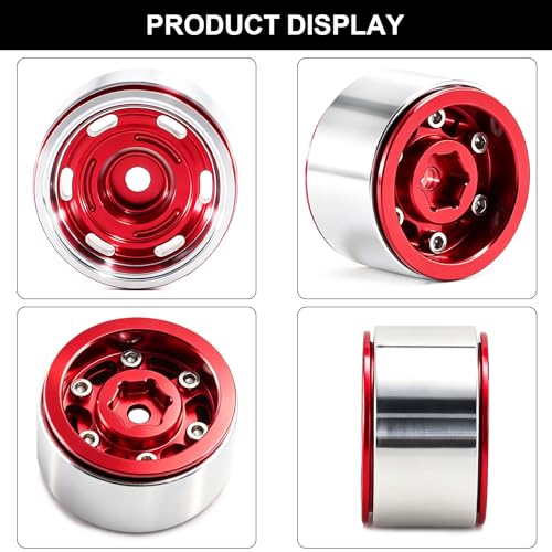 1.0" Beadlock Aluminum Wheels and 64mm Soft Rubber Tires | for SCX24, TRX4M, Ascent 18, FCX24, 1/18 1/24 RC Crawler, 7mm Hex, 0mm Offset, with Foam Inserts, (Red 356) - color: Red 356