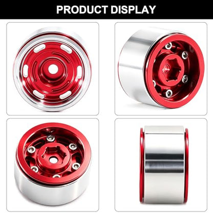 1.0" Beadlock Aluminum Wheels and 64mm Soft Rubber Tires | for SCX24, TRX4M, Ascent 18, FCX24, 1/18 1/24 RC Crawler, 7mm Hex, 0mm Offset, with Foam Inserts, (Red 356) - color: Red 356