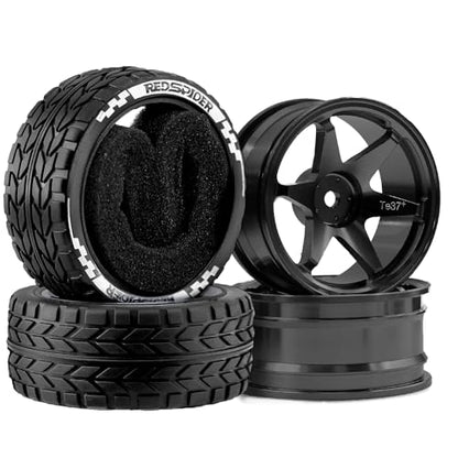 1/10 RC On Road Tires OD 2.55'' and Aluminium Street Wheels 4PCS 12mm Hex Touring Tyres for 1:10 Rally Racing Drift Car Tamiya TT01 TT02 XV01 HPI KYOSHO HSP PTG2 Traxxas TA06 A959 (Black) - color: Black