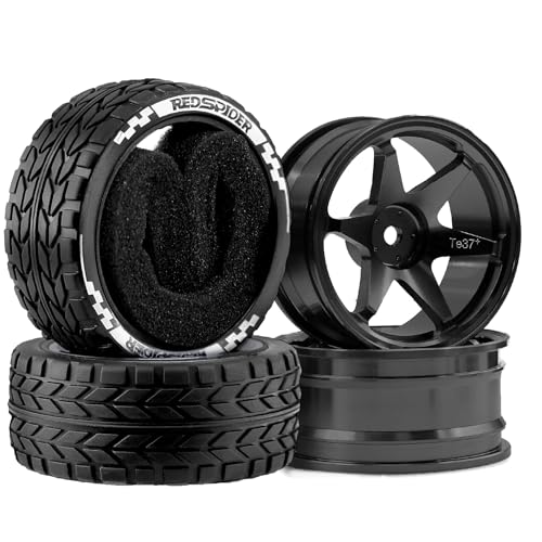 1/10 RC On Road Tires OD 2.55'' and Aluminium Street Wheels 4PCS 12mm Hex Touring Tyres for 1:10 Rally Racing Drift Car Tamiya TT01 TT02 XV01 HPI KYOSHO HSP PTG2 Traxxas TA06 A959 (Black) - color: Black