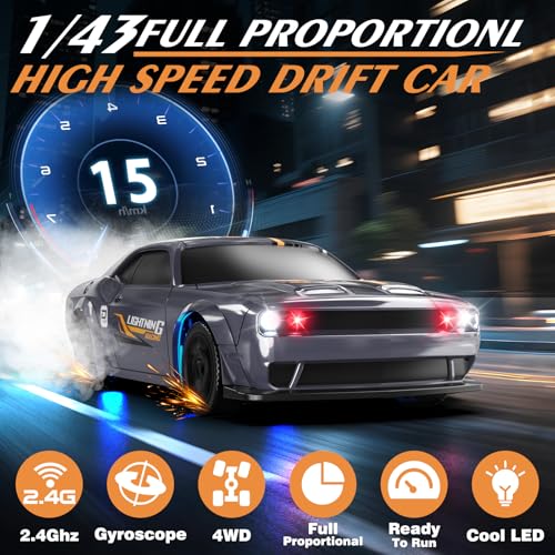 Mini RC Drift Car 1/43 2.4GHz RC Drift Cars with Gyro, 4WD Full Proporitonal High Speed Remote Control Car with LED Lights and Drifting Tires Hobby Racing Cars for Adults Kids Boys, Sliver - color: Silver