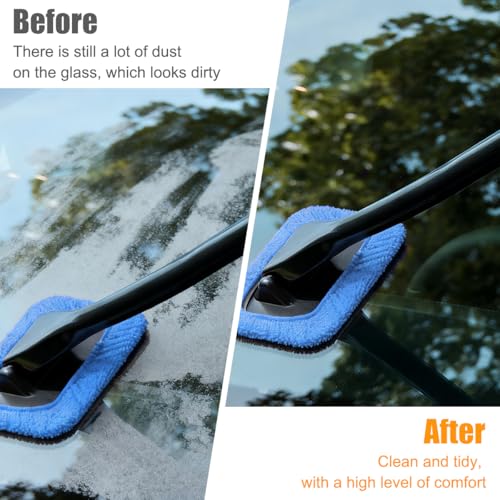 Car Windshield Cleaning Tool, Microfiber Vehicle Window Cleaner with 5 Washable Reusable Cloth Pad & 1 Spray Bottle, Automotive Glass Wiper Cleaning Kit Accessories, Universal Fit (Blue) - color: Blue