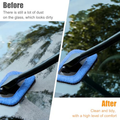 Car Windshield Cleaning Tool, Microfiber Vehicle Window Cleaner with 5 Washable Reusable Cloth Pad & 1 Spray Bottle, Automotive Glass Wiper Cleaning Kit Accessories, Universal Fit (Blue) - color: Blue