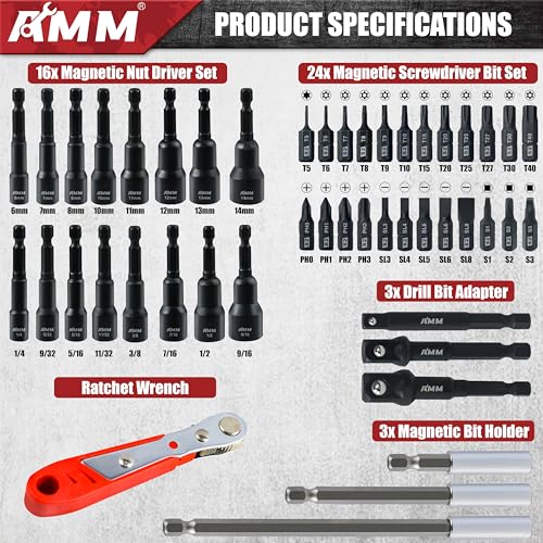 AMM 47PCS Magnetic Nut Driver & Screwdriver Bit Set, Includes Nut Driver Set for Impact Drill, Screwdriver Bit, Mini Ratcheting Wrench, Drill Bit Adapter & Bit Holder | 1/4" Hex Shank | Cr-V Steel - size: 47PC Magnetic Nut Driver & Screwdriver Bit Set
