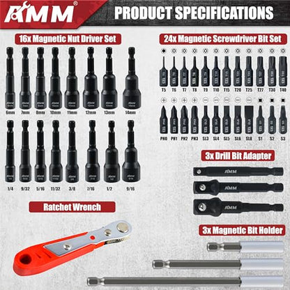AMM 47PCS Magnetic Nut Driver & Screwdriver Bit Set, Includes Nut Driver Set for Impact Drill, Screwdriver Bit, Mini Ratcheting Wrench, Drill Bit Adapter & Bit Holder | 1/4" Hex Shank | Cr-V Steel - size: 47PC Magnetic Nut Driver & Screwdriver Bit Set