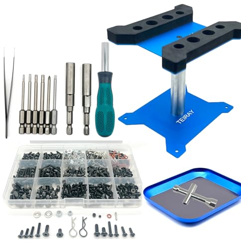 RC Car Repair Work Stand Repair Tool Set 360 Degree Rotation and 600 PCS RC Screws Kit and Screws Pallet Kit and RC Screwdrivers for 1/8 1/10 1/12 1/16 1/18 RC Car Truck Crawler (Blue) - color: Blue