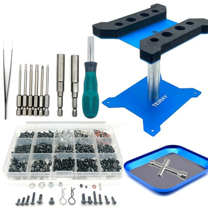 RC Car Repair Work Stand Repair Tool Set 360 Degree Rotation and 600 PCS RC Screws Kit and Screws Pallet Kit and RC Screwdrivers for 1/8 1/10 1/12 1/16 1/18 RC Car Truck Crawler (Blue) - color: Blue