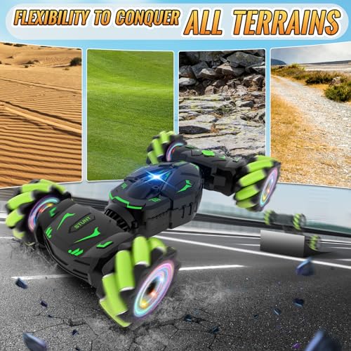 Pristar Gesture RC Car Toys for Boys 6-12, Gifts for Kids Aged 6-12 | RC Sensing Stunt Car with Cool Spray Lights Music, 2.4Ghz Remote Control Car Double Sided Flip 360° Rotate 4WD Off-Road - color: Green-black
