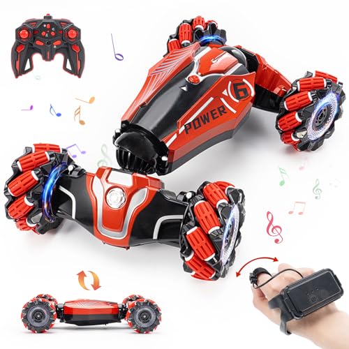 Gesture Sensing RC Stunt car, Rc Vehicle for Kids 4-12 Old Presents | 4WD Drive Watch Sensing rc car ,Bidirectional Drifting Off-road Vehicle with music and lights RC Toys for boys - color: Deep Red