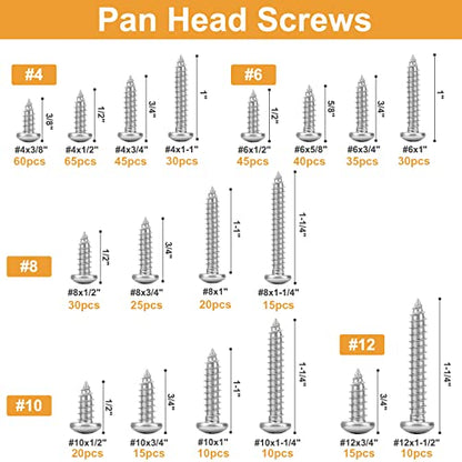 VIGRUE 510Pcs Stainless Steel Wood Screws Assortment Kit, #4#6#8#10#12 Phillips Pan Head Sheet Metal Screws Self Tapping Screws Set,Length 3/8" to 1-1/2" - style: 510Pcs Pan Head #4#6#8#10#12