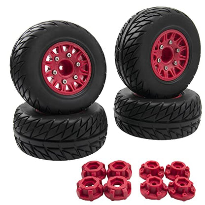4Pack Vgoohobby 4.45" 1/10 RC Off-Road Car Rubber Tires & Plastic Wheels Rim Compatible with Traxxas Arrma Redcat Tamiya HPI Kyosho 1/10 RC Off-Road Buggy Short-Course Truck (Red,Style 2 Tire-Skin)
