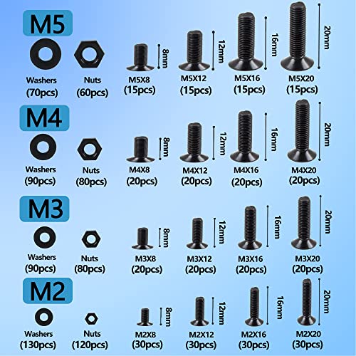 newlng M2 M3 M4 M5 Screws Assortment Kit 1065pcs Bolts and Nuts Washers Sets 10.9 Carbon Steel Metric Black Flat Head Socket Head Countersunk Head Machine Screw Bolt with Spanner for Home Industrial - size: L