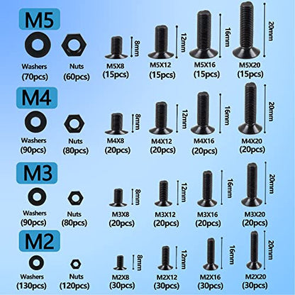 newlng M2 M3 M4 M5 Screws Assortment Kit 1065pcs Bolts and Nuts Washers Sets 10.9 Carbon Steel Metric Black Flat Head Socket Head Countersunk Head Machine Screw Bolt with Spanner for Home Industrial - size: L