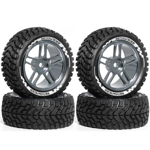 REDSPIDER 1/10 Rally Rubber Tires & Aluminium Wheel Rims 12mm Hex OD 2.95" for 1/16 1/14 1/12 1/10 RC Touring Car On-Road Off Road Bugg (Titanium)