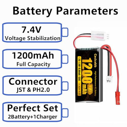 SCX24 Lipo Battery 7.4V 1200mAh Lipo Battery 2S 35C with PH2.0 & JST Plug for WLtoys A949 A959 A969 A979 K929 RC Truck and 1/10 1/16 1/18 1/24 RC Cars with USB Charger Cable