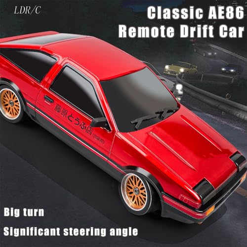 FLYCOLOR 1:18 AE86 Model LD1801 RC Drift Car 1/18 2.4G Remote Control on Road ESP Gyroscope LED Mini RC Racing Cars (Red) - color: Red