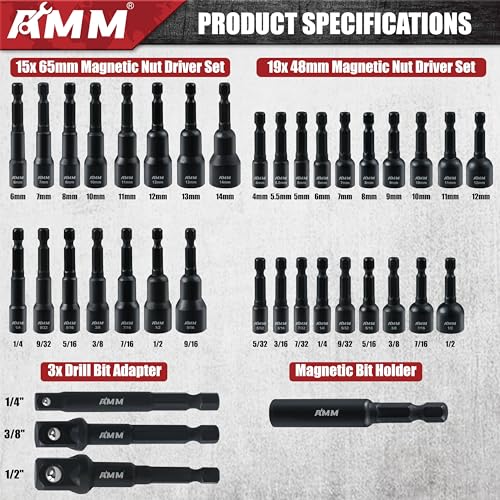 AMM 39PCS Magnetic Nut Driver Set for Impact Drill, Includes Metric & SAE Impact Driver Bit Set, Bit Extension & Drill Bit Adapter | 1/4" Hex Shank | Cr-V Steel - size: 39PC Magnetic Nut Driver Set