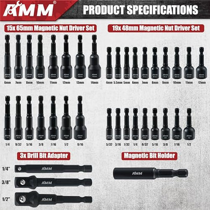 AMM 39PCS Magnetic Nut Driver Set for Impact Drill, Includes Metric & SAE Impact Driver Bit Set, Bit Extension & Drill Bit Adapter | 1/4" Hex Shank | Cr-V Steel - size: 39PC Magnetic Nut Driver Set
