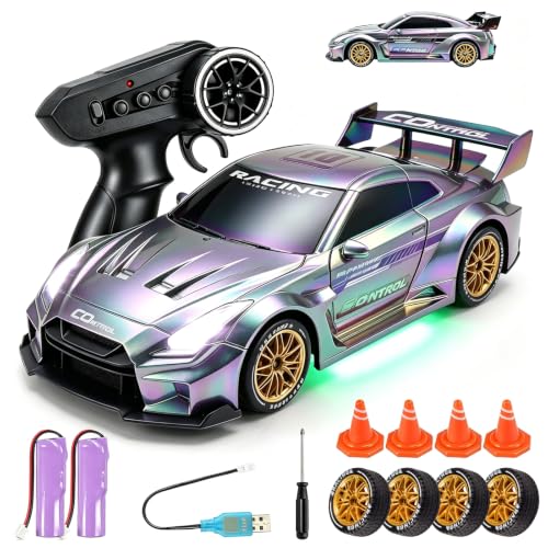 1:24 Scale RC Car with 2.4GHz, 4WD High Speed Remote Control Drift Car | RC drift car with LED lights, 2 batteries(50-min) & dual mode tires (drift/speed).Birthday gift for boys aged 4-12, Silver - color: 4-silver