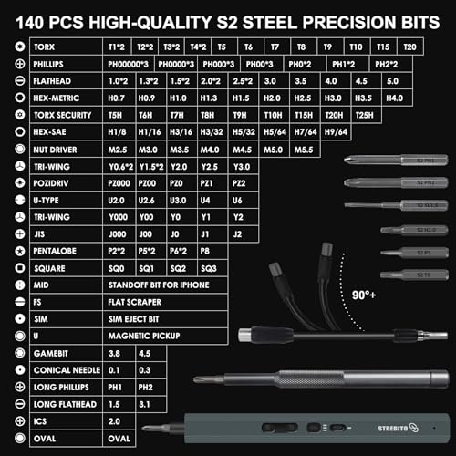STREBITO Mini Electric Screwdriver Set 155 in 1, Small Electric Screwdriver | 140 S2 Magnetic Bits, 3 Torque Settings, 650mAh Battery, Precision Electric Screwdriver Kit for Computer Laptop RC Electronic - color: Blue
