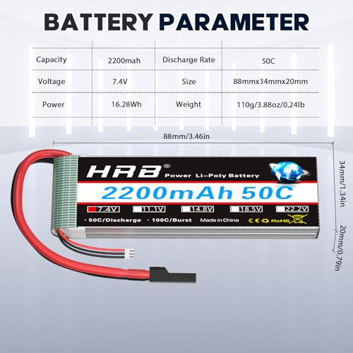 HRB 2S 7.4V 2200mAh LiPo Battery 50C TR Plug Compatible with RC Airplane, RC Helicopter, RC Car, RC Truck, RC Boat