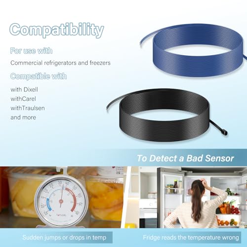119-inch Temperature Probe Sensors (Black and Blue) Fit for Commercial Refrigerators and Freezers Compatible with Dixell Carel and More （Set of 2）