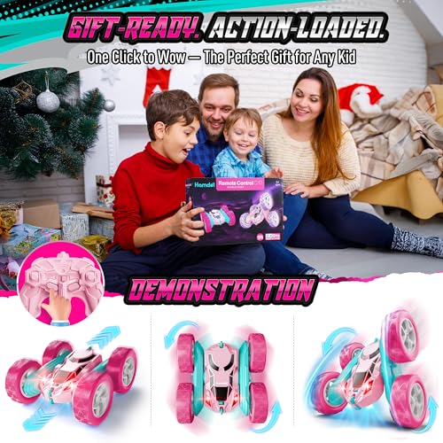Hamdol Pink RC Car for Girls Age 6+, 360° Rotating Stunt Remote Control Vehicle with LED Lights, Upgraded 4WD USB-C Rechargeable Electric Toy, Perfect Birthday, Holiday - color: Pink, size: Pro (USB-C & Modular Battery)