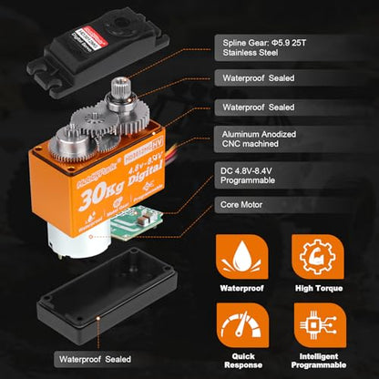HobbyPark Pack of 2 Waterproof 30kg Servo High Torque RC Steering Servo Metal Gear All Stainless Steel for 1/12 1/8 1/10 RC Car Crawler Truck Buggy Robotics 5V-8.4V High Volt, Control Angle 180°