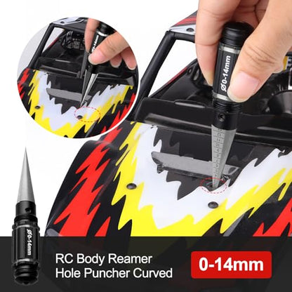 RC Body Reamer & Scissors Set – 0-14mm Hole Puncher with Curved/Straight Tips for Polycarbonate Shells (Lexan Trimming Tools with Sleeve)