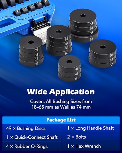 OMT Bushing Driver Set & Transmission Bearing Race Seal Installer Kit | Include 18-65mm & 74mm Metric Discs For Bush Removal, Heavy Duty Bearing Press Kit - color: Silver Handle