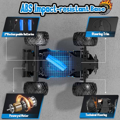 Remote Control Car, All Terrain Remote Control Truck for Boy, 2.4GHz Rc Car with Bodylight and Two Rechargeable Batteries, 20KM/H Monster Truck Toys