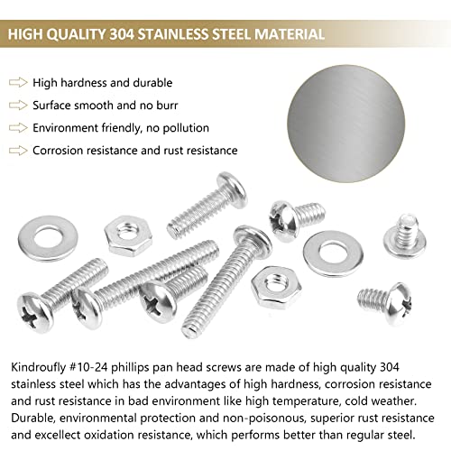 142 Pieces #10-24x 1/4", 5/16", 3/8", 1/2", 5/8", 3/4", 1", 1-1/4", Phillips Pan Head Machine Screws Nuts Washers Assortment Kit, 304 Stainless Steel, Fully Machine Thread - size: #10-24