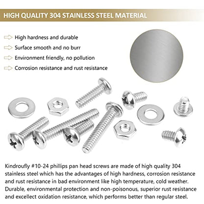 142 Pieces #10-24x 1/4", 5/16", 3/8", 1/2", 5/8", 3/4", 1", 1-1/4", Phillips Pan Head Machine Screws Nuts Washers Assortment Kit, 304 Stainless Steel, Fully Machine Thread - size: #10-24