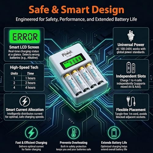 DMK POWER AA Rechargeable Batteries with Charger, 4-Pack 2800mAh NiMH Set | 4-Slot LCD Smart Charger for Remotes, Toys, Flashlights & Clocks Global Voltage Compatible