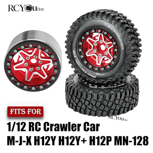 RC 1.9" Beadlock Wheels and Tires Set for 1/12 M-J-X H12Y H12Y+ H12P MN-128 RC Crawler,Wheels Tire OD 90MM/3.54",Aluminium Wheel Rims (4PCS),1.9" Beadlock Wheel Tires,Red - color: Red- (Wheel Tires)