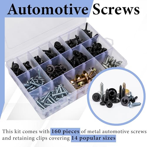 Metal Car Screw Body Bumper Hood Retainer Clips 160 PCS 14 Sizes | with Phillips Round Head Self Tapping Screw Assortment Kit, Automotive Trim Screws Compatible with GM Ford Porsche Toyota
