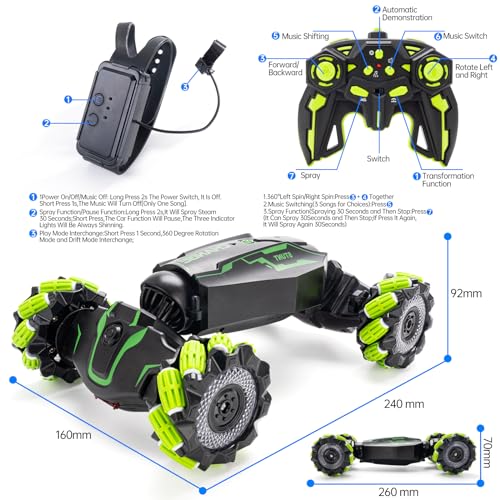 Remote Control Car for Boys, 4WD Gesture Sensing RC Stunt Car with Cool Music Light, 360° Rotating Flips Off-Road Vehicle Twist Car Toys for Kids Age 6-12 (Green) - color: L-green