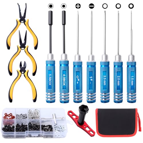 13-in-1 RC Tools Kits Box Set, RC Screw Kit, Hex Phillips Flat Nut Drivers, Pliers, Wrench, Repair Tools Screwdriver Set for Traxxas Arrma Axial Redcat Losi RC Model Car Drone Boat