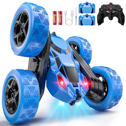 Hamdol Remote Control Stunt Car for Kids, 360° Spinning Double-Sided RC Toy with Headlights, 4WD USB-C Rechargeable Vehicle for Boys Ages 6–12, Educational STEM Toy - color: Blue, size: Pro (USB-C & Modular Battery)