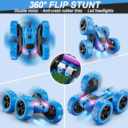 QUNREDA Remote Control Car, RC Cars Toys for Kids Ages 6-12, 4WD Stunt Car with LED Lights & 360° Flips, 2.4GHz, Upgraded USB-C Modular Batteries, 8-10 Year Old Boys Birthday Gift 1-Blue - color: 1-blue