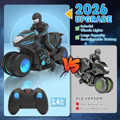 RC Motorcycle, Remote Control Motorcycle with RGB Wheels Lights - 360-degree Rotations, Drifts, High-Speed, RC Car Dirt Bike Toy for Boys 4-7 8-12 Years Kids - color: Blue