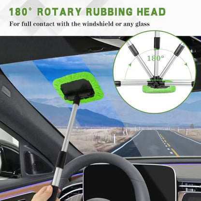 Windshield Cleaning Tool, Car Cleaning Window Tool, Car Window Cleaner with Unbreakable Extendable Handle and Microfiber Cloth, Scratch-Free Car Cleaning Brush for Auto Glass Wiper (Green) - color: Green