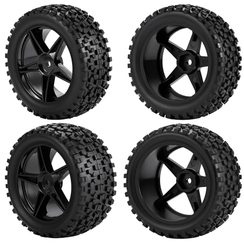 4Pack 12mm Hex Wheel 5 Spoke Rims High Grip Rubber Tires Front Rear Tyres for 1/10 RC Off-Road Buggy Car (Black)