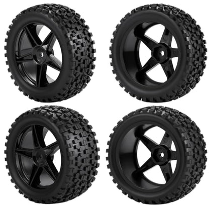 4Pack 12mm Hex Wheel 5 Spoke Rims High Grip Rubber Tires Front Rear Tyres for 1/10 RC Off-Road Buggy Car (Black)